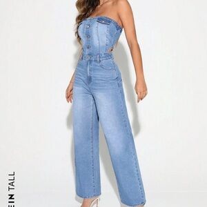 Brand new. Shein tall ladies button front tube denim jumpsuit. Size Tall XS